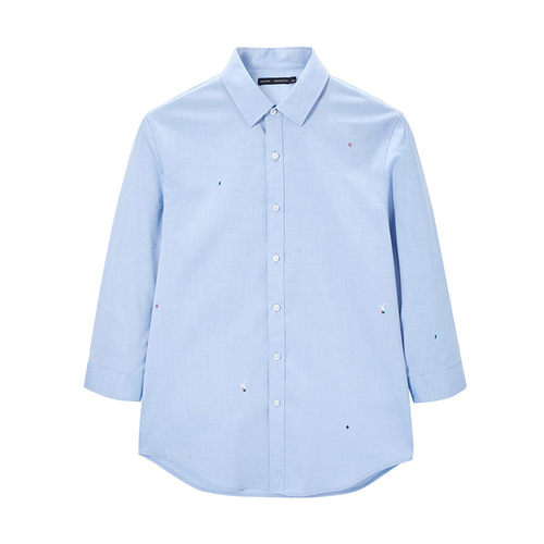 太平鸟男装 蓝色中袖衬衫2020年夏季新款韩版休闲纯棉刺绣衬衣男